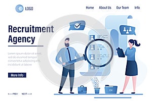 Recruitment agency landing page template. Business people select staff. Resume of candidates with avatars