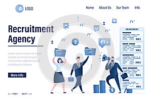 Recruitment agency, landing page template. Businessman select staff. HR agency with vacancies list, two job seekers with cv