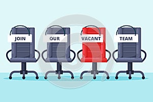 Recruitment, hiring concept. Grey and red office chairs with join our team words. Vacancy job vector flat illustration.