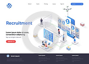 Recruitment isometric landing page. Human resource management and staff headhunting isometry web page. Website flat