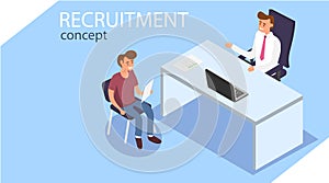 Recruitment. Isometric recruitment concept. Office workers are sitting in isometry. A person is interviewed.