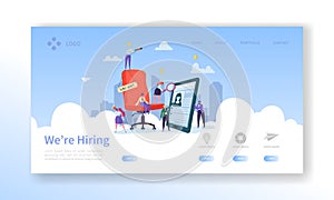 Recruitment, Job Interview Concept Landing Page. Vacancy Flat People Characters HR Managers Website Template. Easy Edit