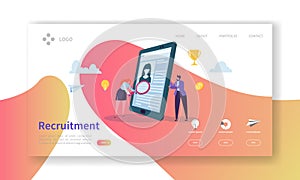 Recruitment, Job Interview Concept Landing Page. Vacancy Flat People Characters HR Managers Website Template. Easy Edit