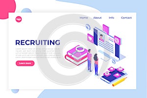 Recruitment, Job search isometric concept. Use for presentation, social media, cards, web banner.