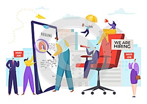 Recruitment manager hr search for job vacancy candidate, vector illustration. Business people character interview hiring