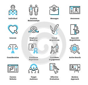 Recruitment marketing icon collection vector set. Hiring talent strategy.