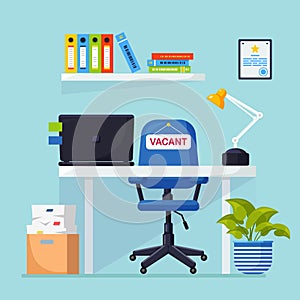 Recruitment. Office interior with desk, chair with sign retired, documents. Retirement. Vacant workplace for worker, employee.