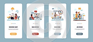 Recruitment onboarding app. Hiring employee and human resources concept. Vector mobile app for online job interview and