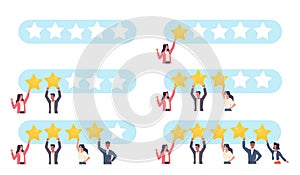 Recruitment of people with stars creating ratings from one star to five stars. Clients satisfaction. Tiny men and women