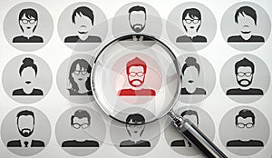 Recruitment, search job vacancy, HR human resources and social network search concept. A lot of avatar profiles and magnifying