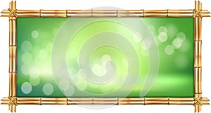 Rectangle brown bamboo stems banner with rope and green blurred background