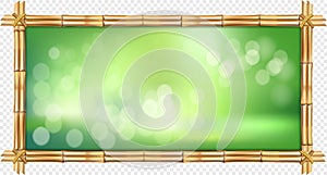 Rectangle brown bamboo stems banner with rope and green bokeh background
