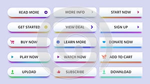 Rectangle button. Call to action buttons, learn or read more and buy now icon. Modern gradients isolated vector set