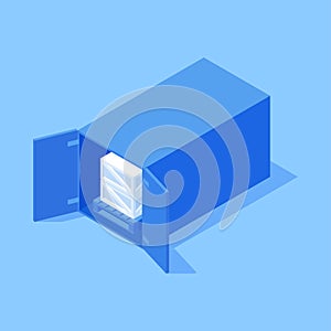 Rectangle cargo container open door pile of crate pallet safety goods delivery isometric vector