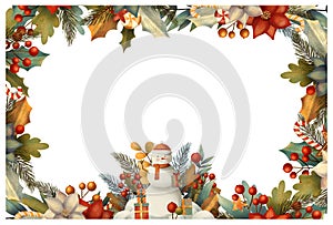 Rectangle christmas frame for card or invitation with poinsettia, lollipop, candy berry, branches, snowman, gifts, snow.