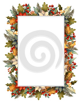 Rectangle christmas frame for card or invitation with poinsettia, lollipop, candy, gingerbread, berry, leaves, branches.