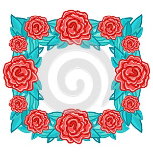 Rectangle floral retro frame with red roses with leaves