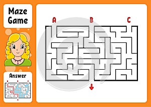 Rectangle maze. Game for kids. Three entrances, one exit. Puzzle for children. Labyrinth conundrum. Color vector illustration.