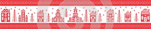 Rectangle Nordic Christmas pattern including Nordic Christmas scenery Winter Village Church , house, cottages, town hall stitched