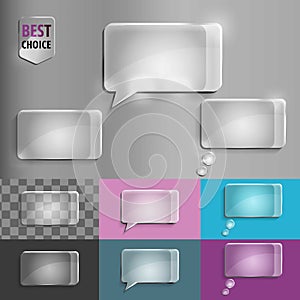 Rectangle set of glass speech bubble icons with soft shadow on gradient background . Vector illustration EPS 10 for web.