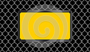 Rectangle sign yellow on wire mesh black background, caution emblem on fence barb grid, copy space, empty warning sign template on