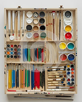 Rectangle wooden box filled with paints and brushes, perfect for art shelf