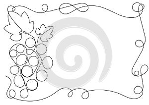 Rectangular A4 frame with bunch of grapes, leaves and tendrils for wine promo. One continuous line art. Advertising card. Simple