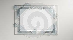 Rectangular abstract frame with transparent geometric shapes including circles, triangles, and