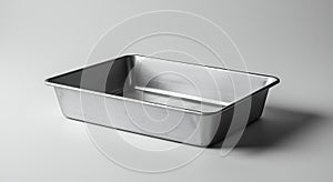 Rectangular aluminum baking pan with rounded edges on a white surface