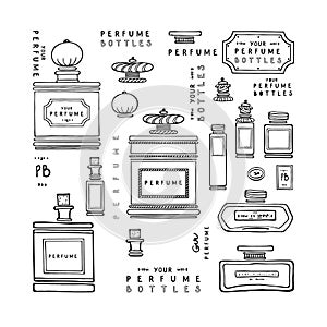 Rectangular antique glass perfume bottles with antique caps and lettering. Set of fashion sketches. Vector illustration