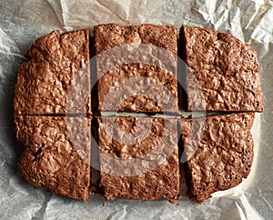 rectangular baked brownie chocolate cake with cracked surface on white parchment paper