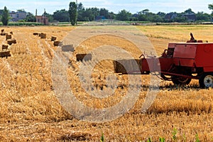 Rectangular baler discharges straw bale in a field during the harvesting process