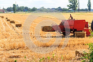 Rectangular baler discharges straw bale in a field during the harvesting process