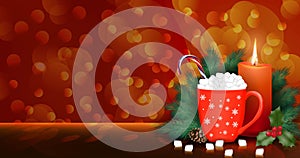 Rectangular banner with candle, pine branches, mistletoe, cup with marshmallows, creamy candy. Bokeh golden background