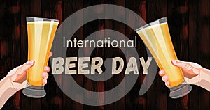 Rectangular banner with two hands holding pilsner glasses with beer on wooden background. Light beer with foam