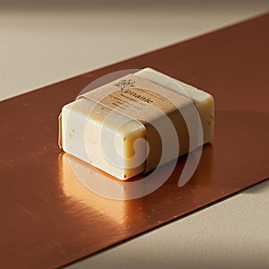 A rectangular bar of handmade soap with a beige and speckled appearance rests on a