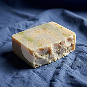 A rectangular bar of handmade soap rests on a textured blue fabric