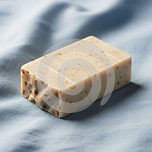 Rectangular bar of light beige soap rests on a soft, textured blue