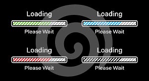 Rectangular Bar loading with tilted lines please wait symbol icon set in four different colors- Green, Blue, Red and Black.
