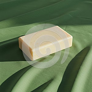 A rectangular bar of soap is placed on a textured green fabric, casting a soft shadow.