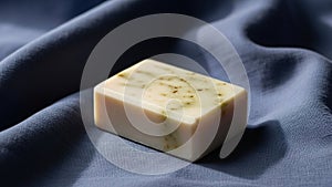 A rectangular bar of soap rests on a softly draped blue fabric