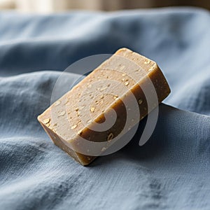 It rests on a textured blue fabric creating a soft casual backdrop