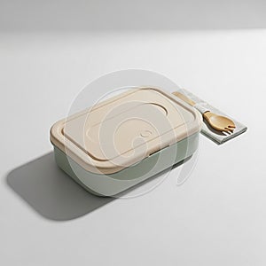 Rectangular bento-style lunchbox with a beige lid and subtle rounded edges. The base