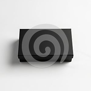 A rectangular black box, placed on a white surface, appears closed