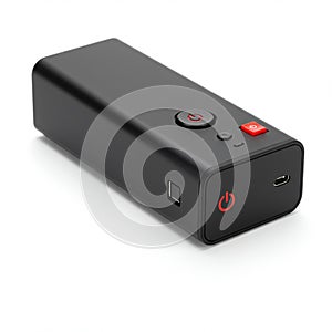 A rectangular black electronic device with a power symbol on its surface, featuring a