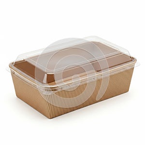 A rectangular brown takeaway container with a transparent lid