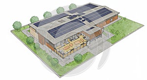 Rectangular building design with large solar panels on the flat roof, suggesting