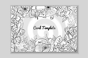 Rectangular card with frame of hand drawn rose, crocus and poppy flowers arrangement. Greeting card template. Vector