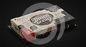 A rectangular cardboard box featuring a vintage-style design with the text 