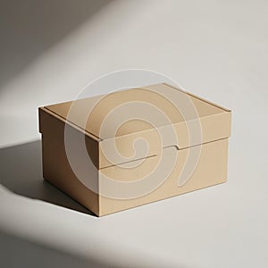 A rectangular cardboard box with a lid is placed on a flat surface. The box has a light